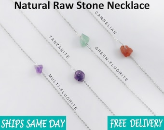 Natural Raw Crystal Necklace – Healing Gemstone Pendant in Carnelian, Fluorite, Tanzanite, Amethyst – Dainty Minimalist Gift for Her