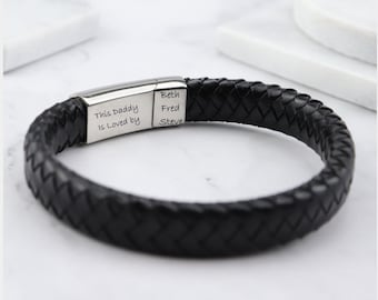 Leather Stainless Steel Mens Personalised Engraved Bracelet-Fathers Day Christmas Gift-Black Brown Silver - Dad Daddy Father Giftbox
