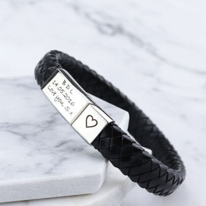 Vienna Leather Stainless Steel Mens Personalised Engraved Bracelet-Fathers Day Gift Christmas Gift Black Gold Silver Dad Boyfriend For Him Black