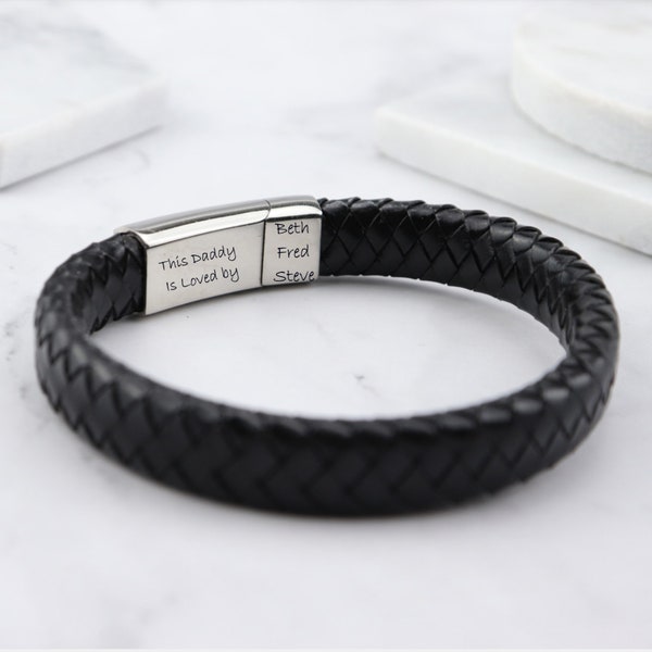 Leather Stainless Steel Mens Personalised Engraved Bracelet-Fathers Day Christmas Gift-Black Brown Silver - Dad Daddy Boyfriend Father