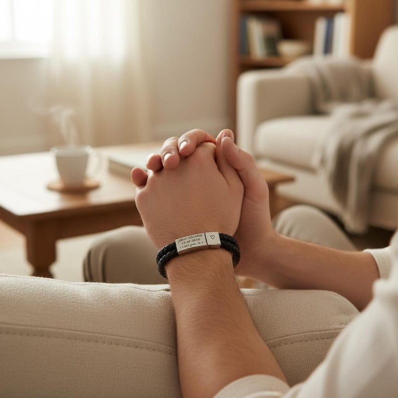 May include: A black leather bracelet with a silver clasp is worn on a wrist. The bracelet has two braided leather bands and a rectangular silver clasp with engraved text and a heart symbol. The person is sitting on a beige couch.