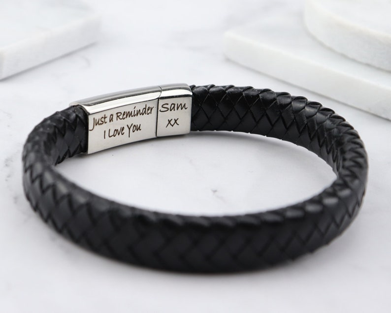 Vienna Leather Stainless Steel Mens Personalised Engraved Bracelet-Fathers Day Gift Christmas Gift Black Gold Silver Dad Boyfriend For Him image 4