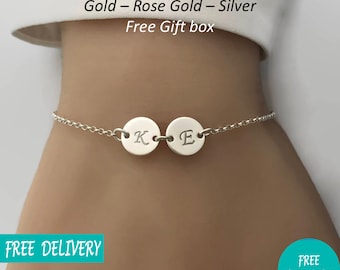 Personalised Engraved Name Initial 2-Circle Bracelet with Date - Silver, Rose Gold Gold Gift for Mum, Mother & Girlfriend - Christmas Gift