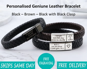 Vienna Leather Stainless Steel Mens Personalised Engraved Bracelet-Fathers Day Gift Christmas Gift -Black Gold Silver- Dad Boyfriend For Him