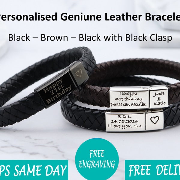 Vienna Leather Stainless Steel Mens Personalised Engraved Bracelet-Fathers Day Gift Christmas Gift -Black Gold Silver- Dad Boyfriend For Him