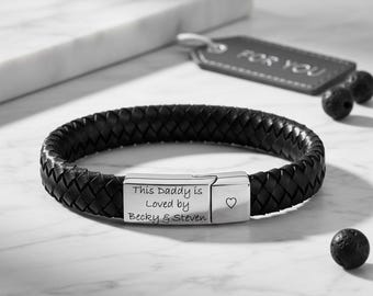 Vienna Leather Stainless Steel Mens Engraved Bracelet -Christmas Gift - Fathers Day Gift - Black - Dad Grandad Son Boyfriend Girlfriend
