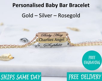 Personalised Engraved Baby Name Bracelet Bracelet Date Couple Christmas Gift - Gift for her mum mother girlfriend - Silver Rosegold Gold -