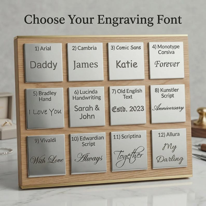 May include: Wooden display board with twelve silver nameplates, each showcasing a different font style. The text "Choose Your Engraving Font" is at the top. Examples include "Daddy," "James," "Katie," and "Forever."