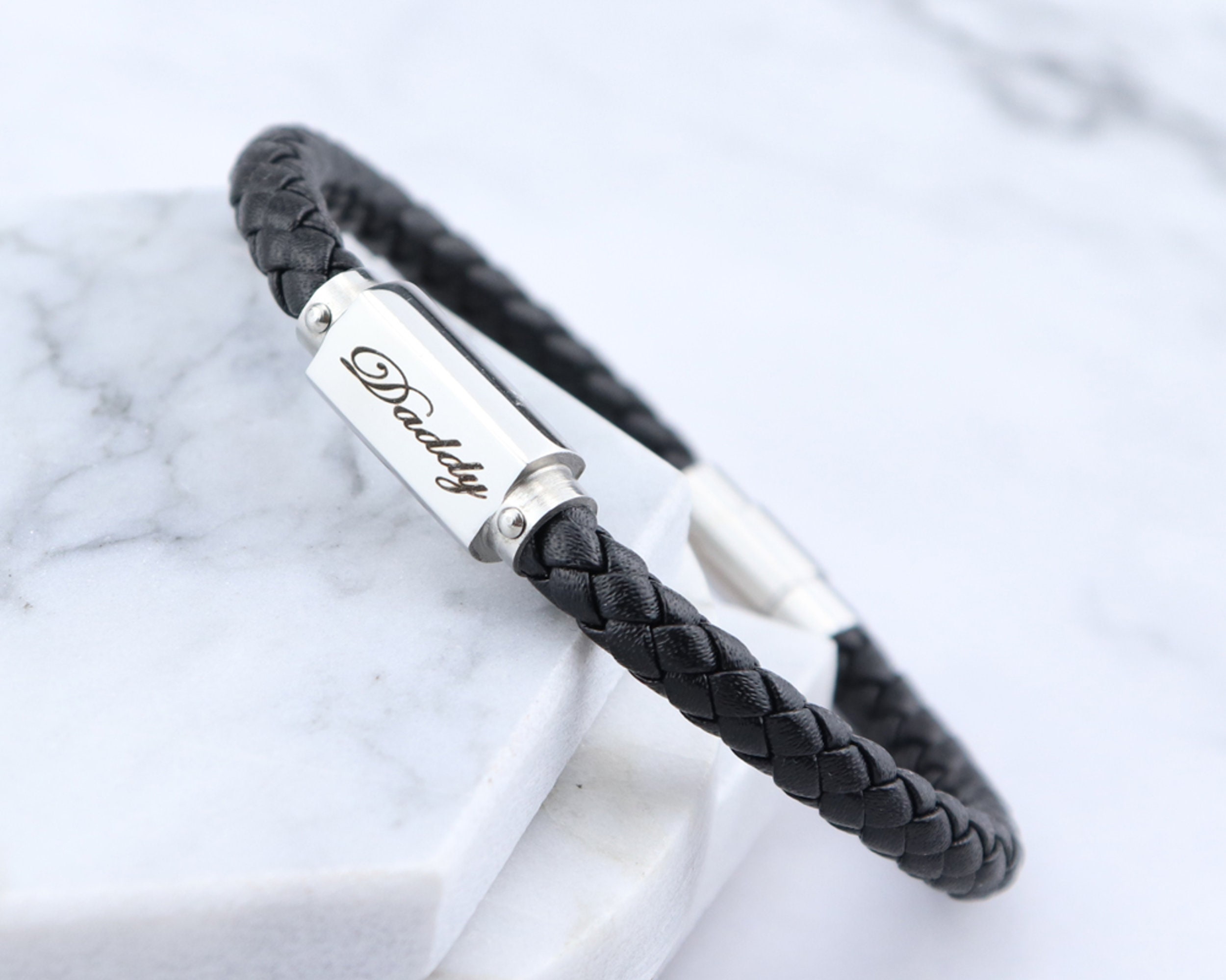 Leather Stainless Steel Mens Engraved Bracelet christmas Gift Etsy UK
