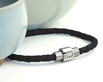 Leather Stainless Steel Mens Engraved Bracelet -Christmas Gift- Black Brown Grey -Boyfriend Girlfriend-Dad Brother Daddy