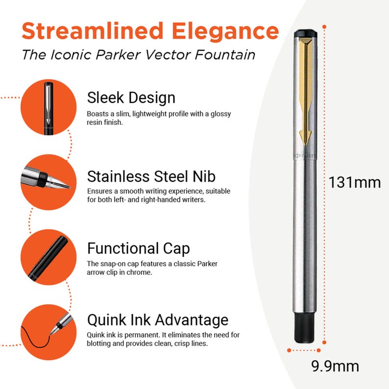 Pu&ograve; includere: Una penna stilografica Parker Vector argentata e dorata con un design elegante e una clip a freccia classica. La penna misura 13,1 cm di lunghezza e 9,9 mm di diametro. La penna &egrave; dotata di un pennino in acciaio inossidabile e inchiostro Quink.