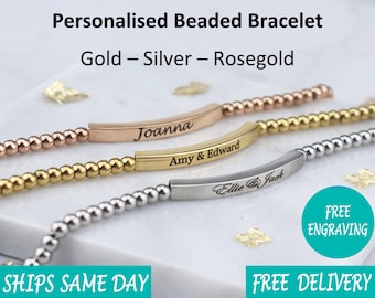 Personalised Engraved Beaded Bracelet Date Couple Christmas Gift - Gift for her mum mother girlfriend - Silver Rosegold Gold -