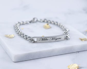 Personalised Stainless Steel Men's Bracelet - Engraved Custom Silver Gift for Dad Boyfriend Christmas Fathers Day