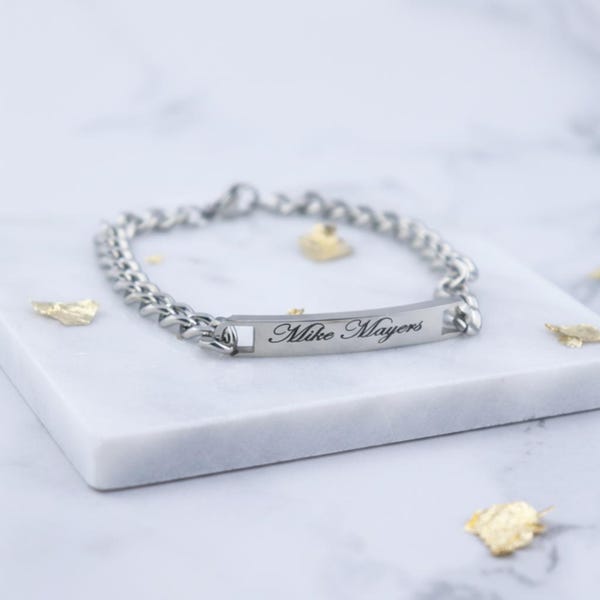 Pulsera personalizada de acero inoxidable para hombre - Regalo personalizado de plata grabado para papá, novio, Navidad o Día del Padre