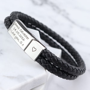 Personalised Leather Stainless Steel Mens Engraved Bracelet -Christmas Gift Fathers Day -Black Brown Boyfriend Girlfriend Dad Daddy image 2