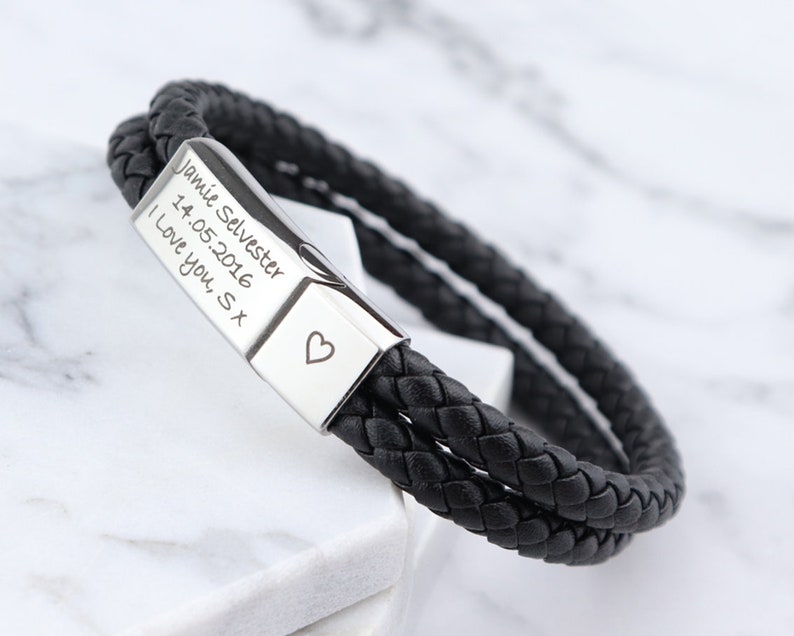 Personalised Leather Stainless Steel Mens Engraved Bracelet -Christmas Gift Fathers Day -Black Brown Boyfriend Girlfriend Dad Daddy image 2