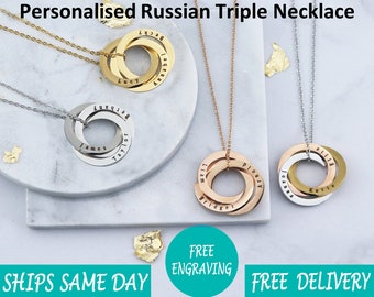 Personalised circles necklace-Russian ring necklace - triple ring Christmas Gift for mum sister mother best friend - Gold Silver Rosegold