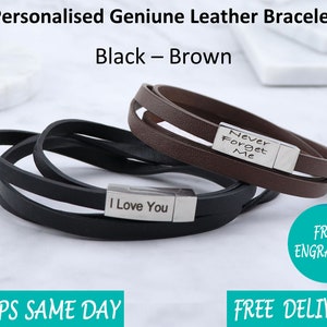 Personalised Leather Stainless Steel Bracelet for Men - Engraved Gift for Dad Brother Son Grandad - Black Brown Silver Fathers Day Chr