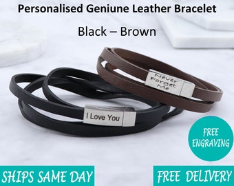 Personalised Leather Stainless Steel Bracelet for Men - Engraved Gift for Dad Brother Son Grandad - Black Brown Silver Fathers Day Chr