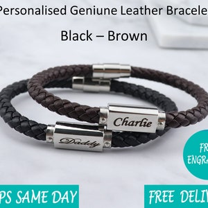 Leather Stainless Steel Mens Engraved Bracelet -Christmas Gift - Fathers Day Gift - Black Brown - Boyfriend Girlfriend - Dad Brother Daddy