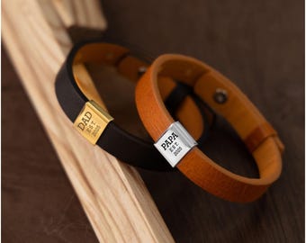 Personalised Leather Bracelet Stainless Steel Mens Engraved- Fathers Day -Black Brown Boyfriend Girlfriend Dad Daddy