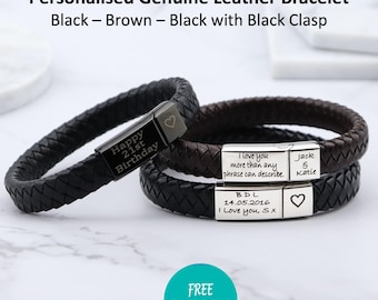 Mens Personalised Engraved Leather Bracelet -Stainless Steel Jewelry - Fathers Day Gift -Black Gold Silver- Dad Boyfriend For Him Gifts