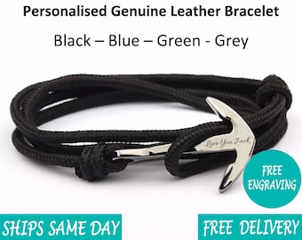 Gifts For Dad, Gifts For Him, Personalised Anchor Bracelet,Boyfriend Bracelet,Mens Jewellery,Mens Bracelet,Fathers Day Black Blue Green Grey