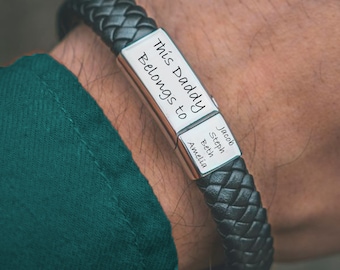 Leather Stainless Steel Mens Personalised Engraved Bracelet Fathers Day,Christmas Gift  - Black Silver  - Dad Daddy Father Boyfriend Grandad