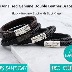 Tokyo Leather Stainless Steel Mens Personalised Engraved Bracelet - Fathers Day Christmas Gift- Black Brown Silver -Boyfriend Girlfriend Dad