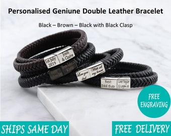 Tokyo Leather Stainless Steel Mens Personalised Engraved Bracelet - Fathers Day Christmas Gift- Black Brown Silver -Boyfriend Girlfriend Dad
