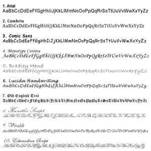 Pu&ograve; includere: Un grafico che mostra diversi stili di font con l'alfabeto in lettere maiuscole. I font includono Arial, Cambria, Comic Sans, Monotype Corsiva, Bradley Hand, Lucida Handwriting, Old English Text, Kunstler Script, Vivaldi e Edwardian Script.