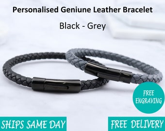 Leather Stainless Steel Mens Engraved Bracelet - Christmas Day Gift - Fathers Day Gift - Black Grey - father Son Daddy Grandad Uncle