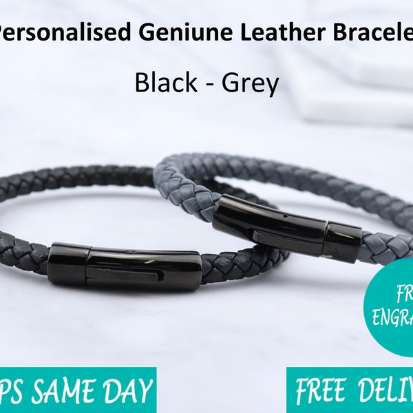 Leather Stainless Steel Mens Engraved Bracelet - Christmas Day Gift - Fathers Day Gift - Black Grey - father Son Daddy Grandad Uncle