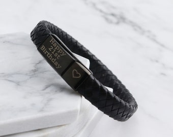 Vienna Leather Stainless Steel Mens Engraved Bracelet - Black -Christmas Gift - Fathers Day Gift - Dad Daddy Brother Boyfriend Girlfriend