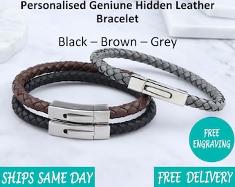 Leather bracelet Steel Mens Hidden Message Christmas Day Gift Engraved Bracelet -Fathers Day Gift - Black Grey Brown - Boyfriend Girlfriend