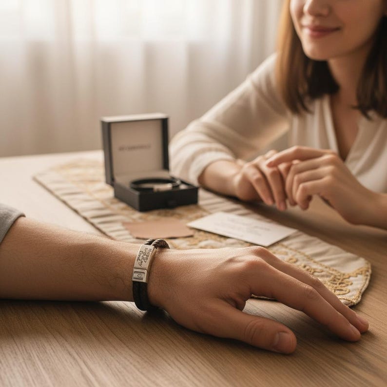 May include: A black and brown braided leather bracelet with a silver clasp. The clasp has engraved text. A matching bracelet is in a black box. The image shows a person wearing the bracelet.