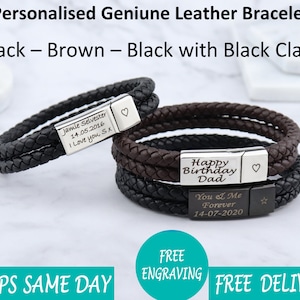 Gepersonaliseerde gegraveerde lederen roestvrijstalen heren gegraveerde armband - Kerstcadeau Vaderdag - Zwartbruin vriendje vriendin papa papa