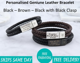 Personalised Engraved Leather Stainless Steel Mens Engraved Bracelet -Christmas Gift Fathers Day -Black Brown Boyfriend Girlfriend Dad Daddy