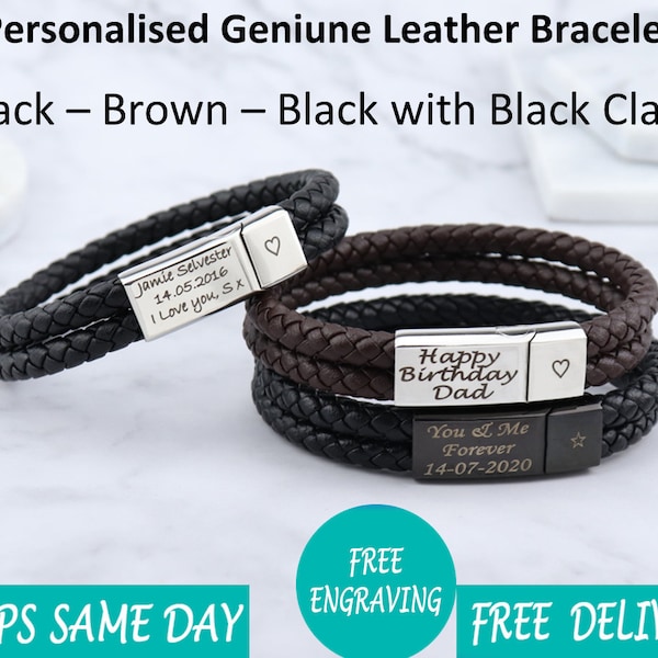 Personalised Engraved Leather Stainless Steel Mens Engraved Bracelet - Fathers Day Gift - Black Brown Boyfriend Girlfriend Dad Daddy