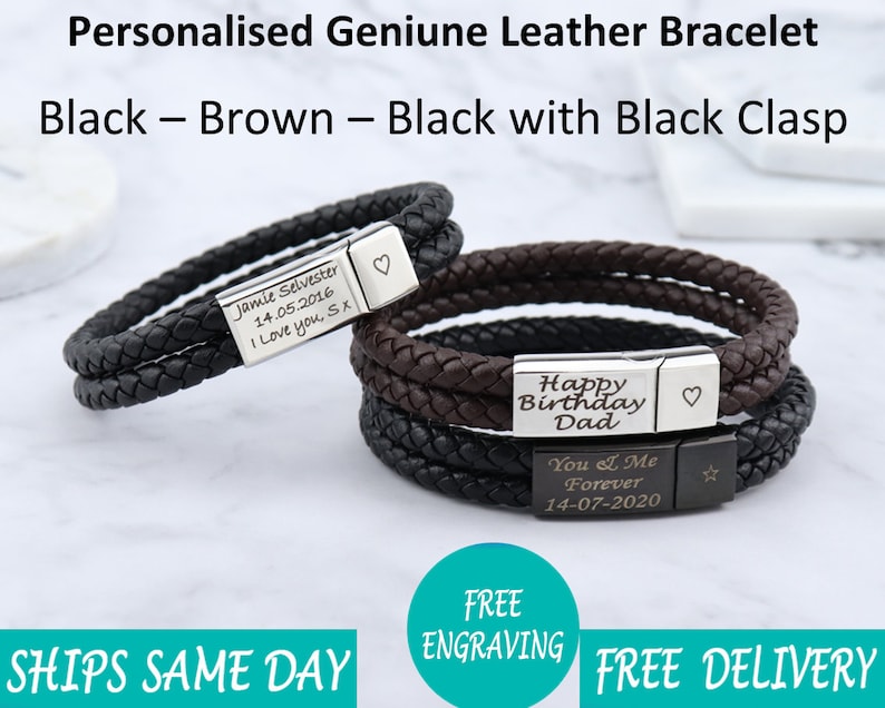 Personalised Leather Stainless Steel Mens Engraved Bracelet -Christmas Gift Fathers Day -Black Brown Boyfriend Girlfriend Dad Daddy image 1