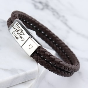 Personalised Leather Stainless Steel Mens Engraved Bracelet -Christmas Gift Fathers Day -Black Brown Boyfriend Girlfriend Dad Daddy image 3