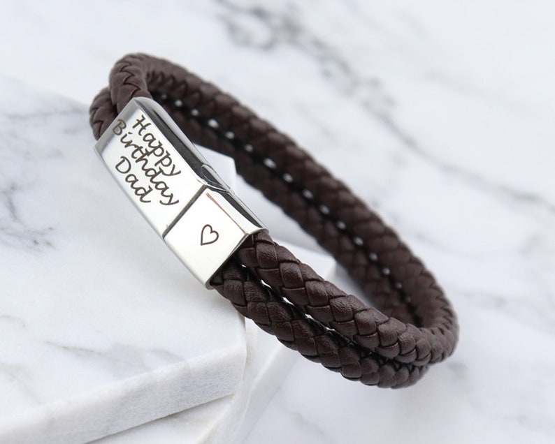 Personalised Leather Stainless Steel Mens Engraved Bracelet -Christmas Gift Fathers Day -Black Brown Boyfriend Girlfriend Dad Daddy image 3