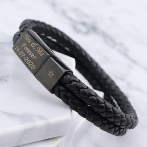 Personalised Engraved Leather Stainless Steel Mens Engraved Bracelet Christmas Gift Fathers Day Black Brown Boyfriend Girlfriend Dad Daddy image 4