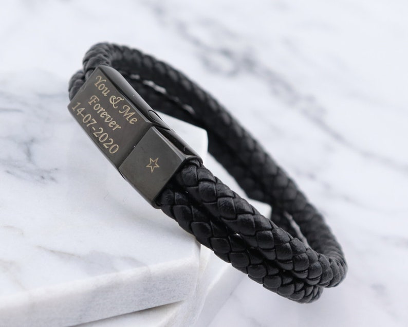 Personalised Leather Stainless Steel Mens Engraved Bracelet -Christmas Gift Fathers Day -Black Brown Boyfriend Girlfriend Dad Daddy image 4