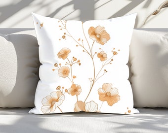 May include: White throw pillow with a floral design featuring brown flowers and stems on a white background.