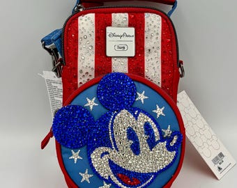 Bolsa transversal Mickey Americana com strass | Bolsa Mickey USA brilhante | Bolsa Mickey Mouse vermelha, branca e azul dos parques da Disney