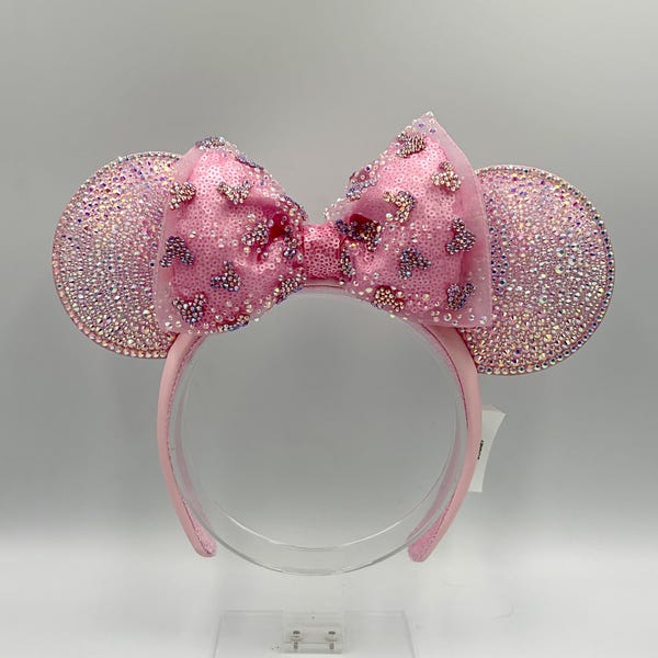 Orelhas de rato rosa-leite com strass | Orelhas de rato rosa-leite cravejadas de strass | Orelhas de rato Minnie rosa-leite com brilho