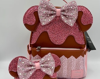 Bedazzled Minjie Mouse Cupcake Loungefly backpack and wallet| Rhinestone Minnie Mouse Cupcake mini backpack and wallet