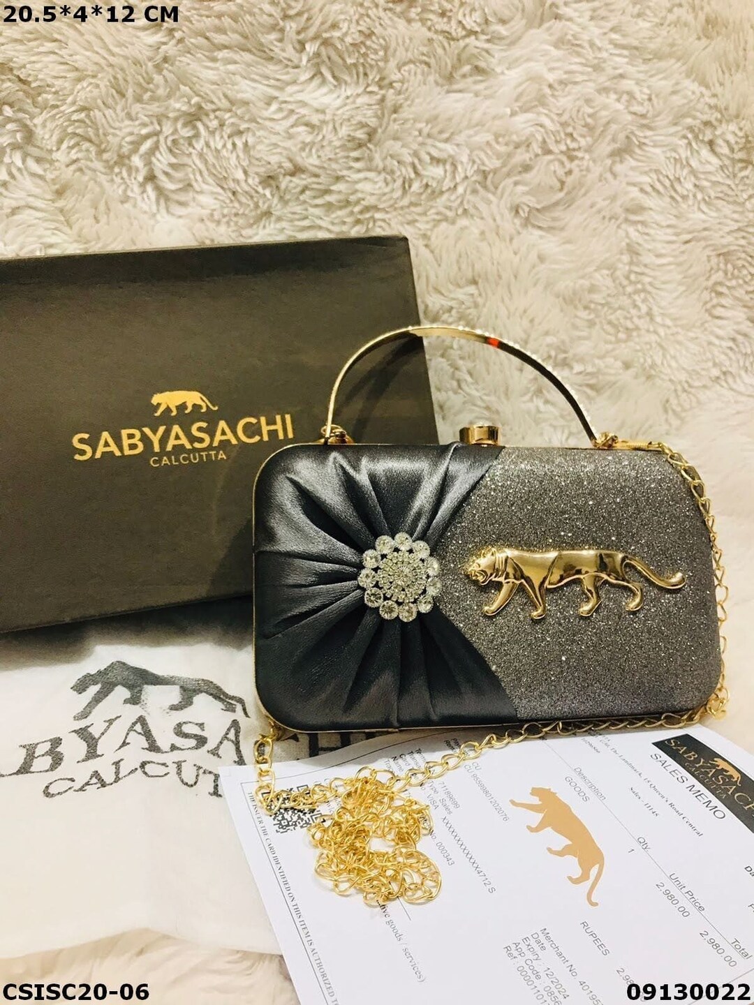 Indian Designer SABYASACHI Inspired Clutch Bag With Golden Tiger Logo