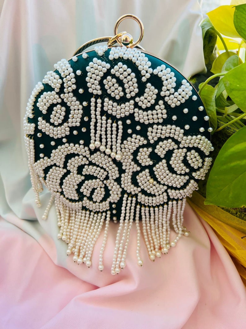 Designer Clutches Golden Embroidery Bag, Classy Pearl Work Clutch With Pearl Latkans and Bangle